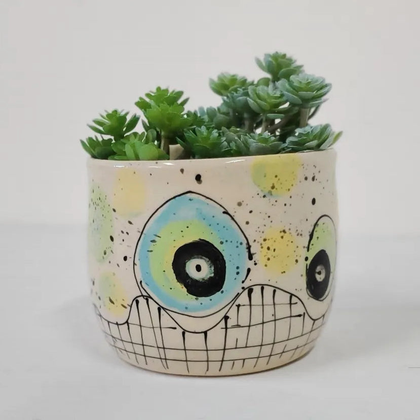 Blue Dots & Sunshine Grid Flower Pot – A Playful Touch of Cheer