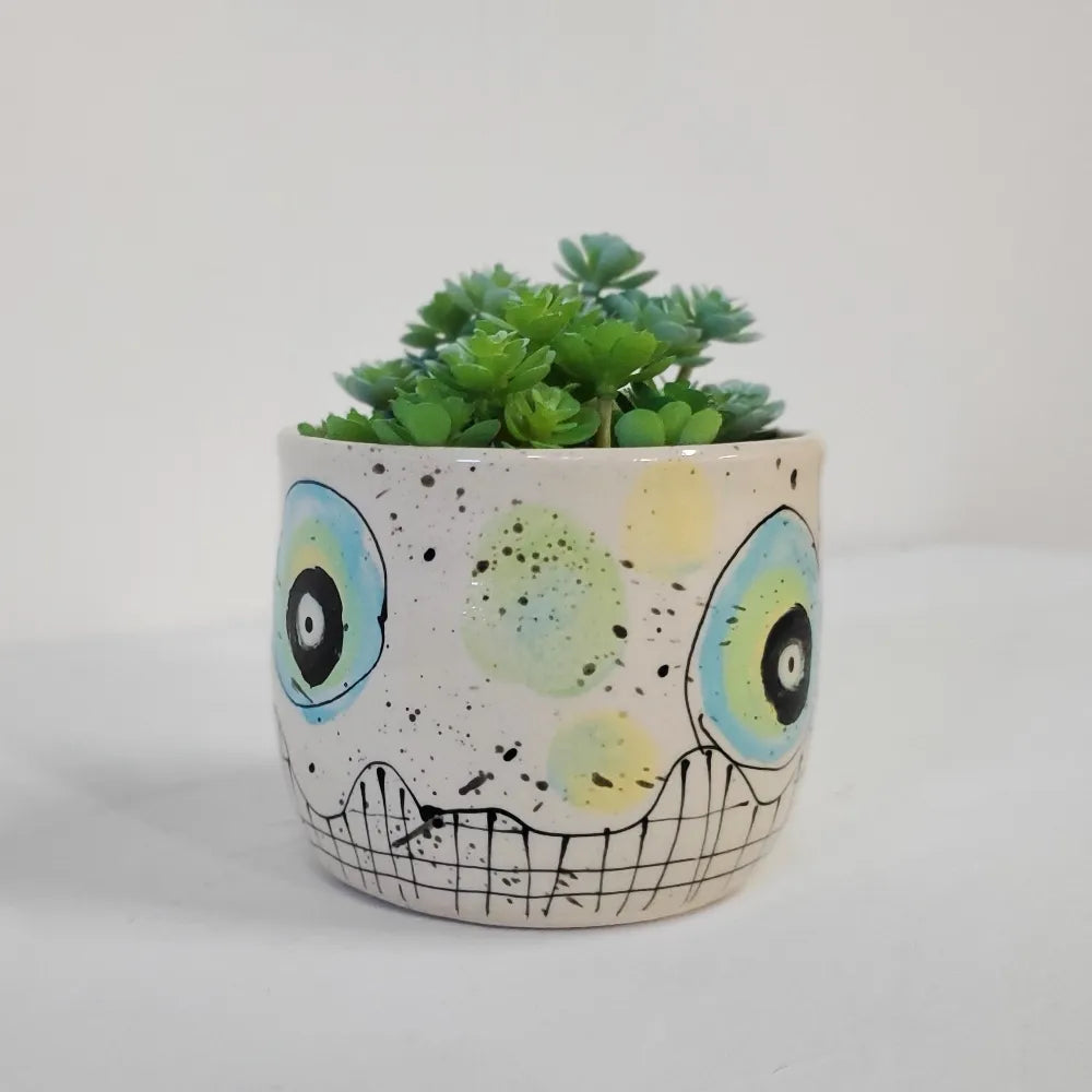 Blue Dots & Sunshine Grid Flower Pot – A Playful Touch of Cheer