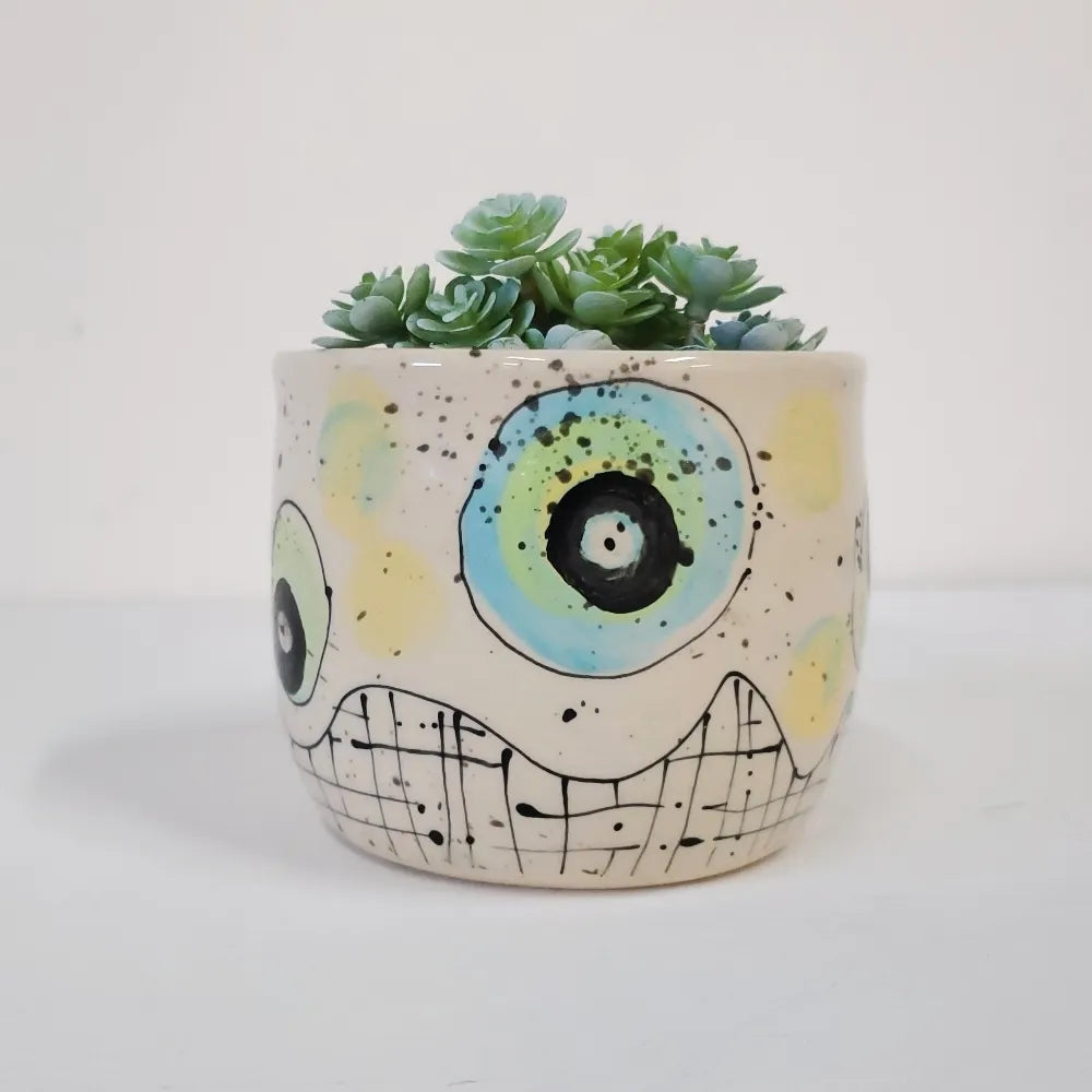 Blue Dots & Sunshine Grid Flower Pot – A Playful Touch of Cheer