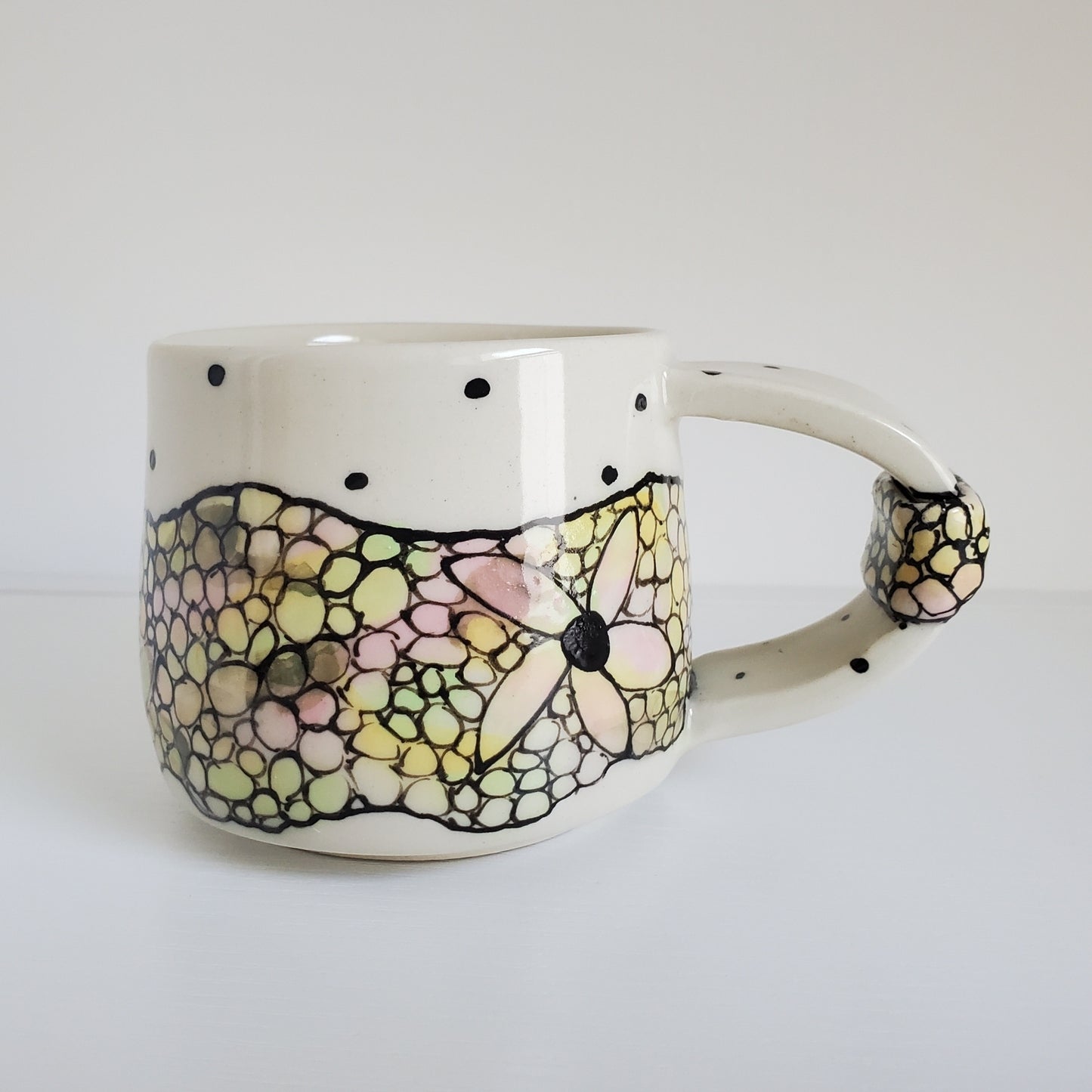 Handmade Ceramic Coffee Mug – Stained Glass Bubble Design in Green & Pink – Everyday Light Collection