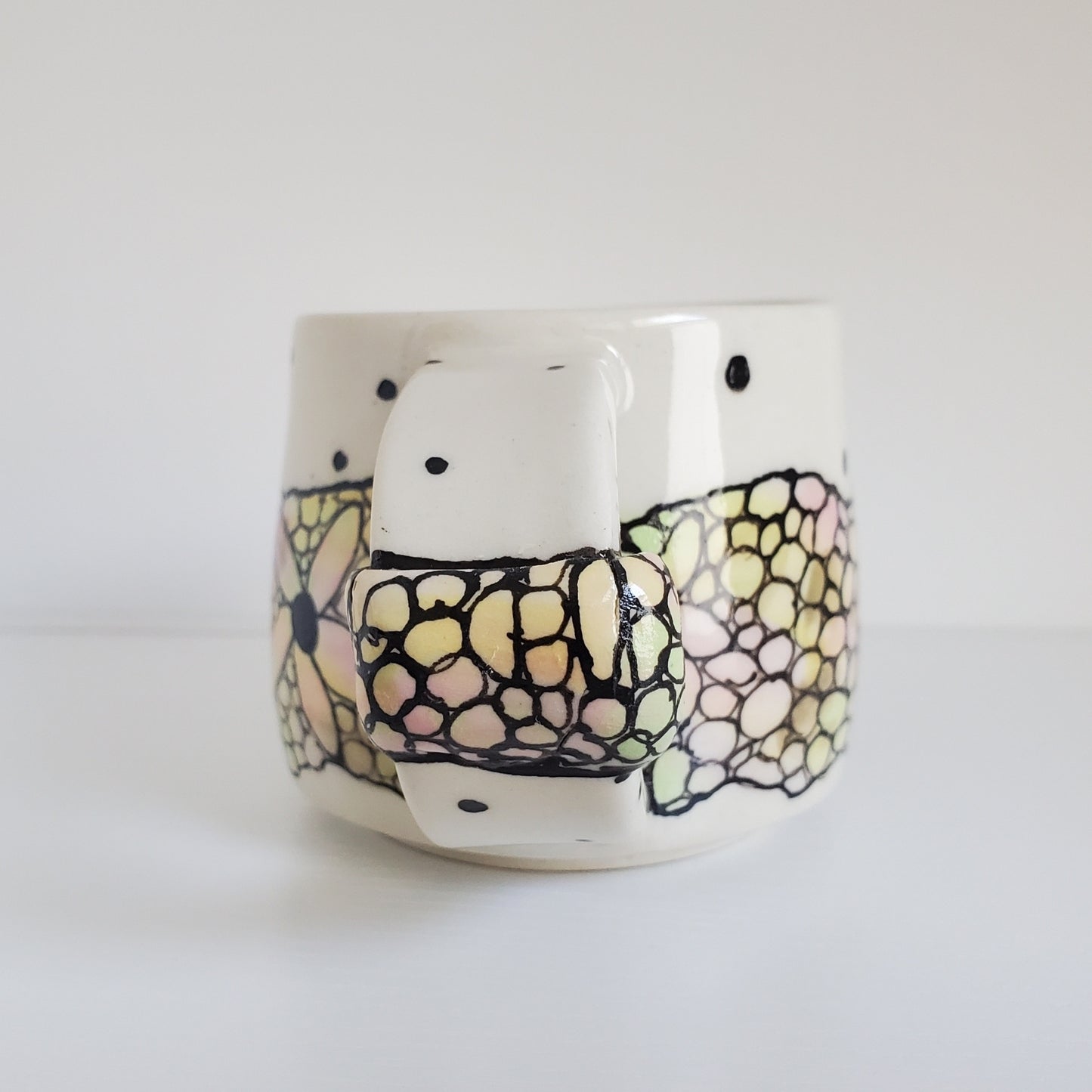 Handmade Ceramic Coffee Mug – Stained Glass Bubble Design in Green & Pink – Everyday Light Collection