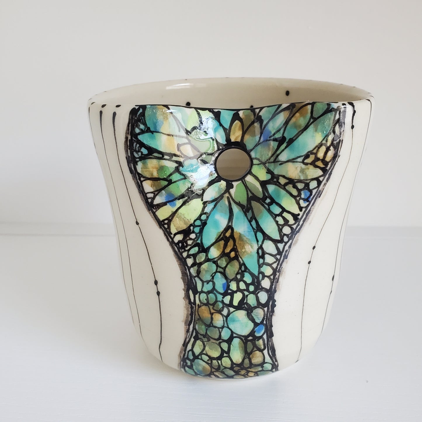 Handmade Ceramic Straw Sip Cup – Green Tree Design w/ Metal Straw