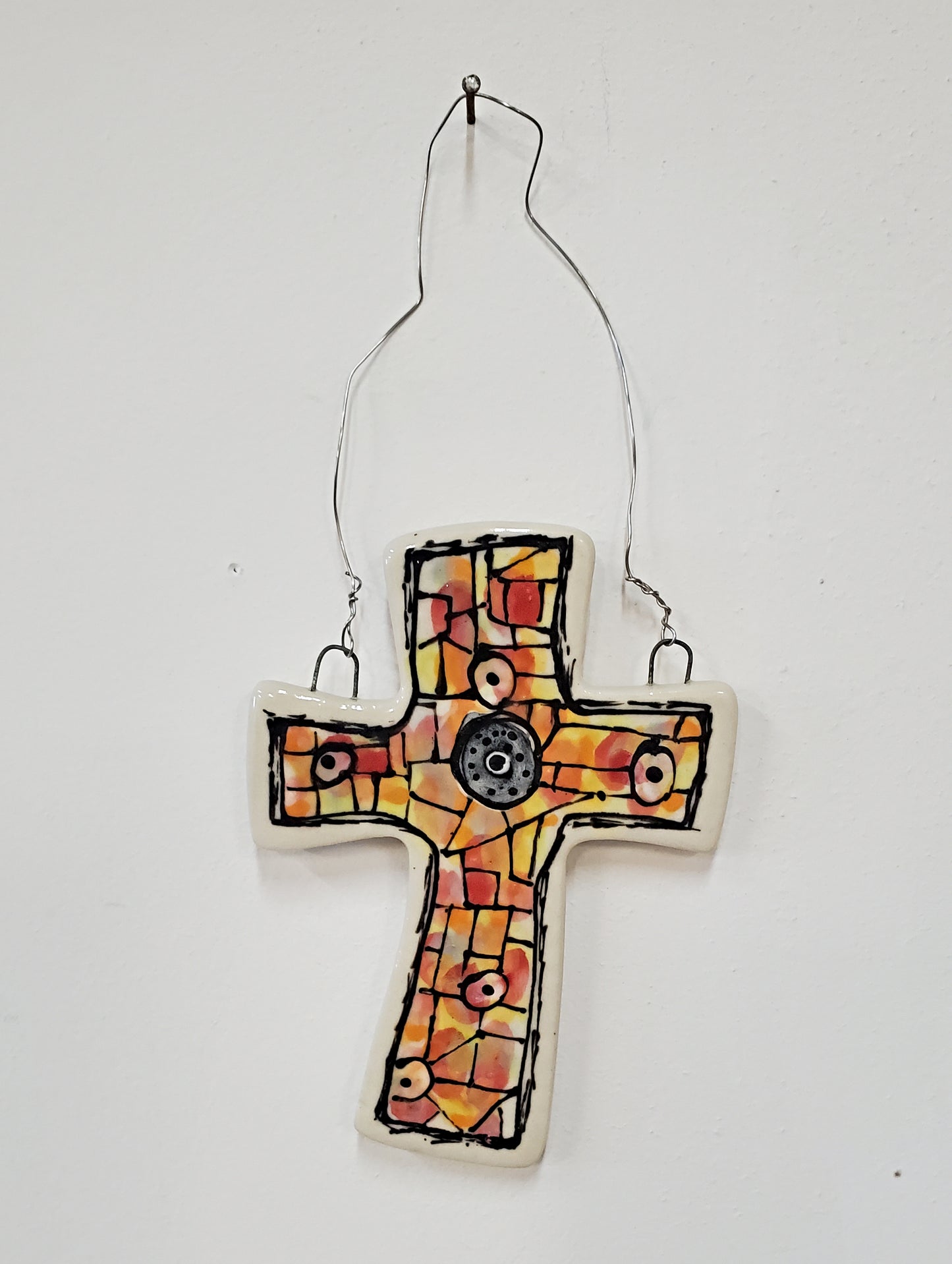 Everyday Joy Cross — Red & Orange Cathedral | Hand-Painted Porcelain Wall Cross, Christian Gift