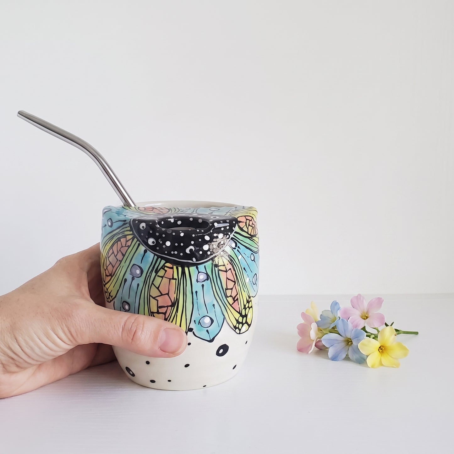 Studio photo of Everyday JOY - Sippy | Travel Cup | Pink & Blue & Green Bloom in lifestyle