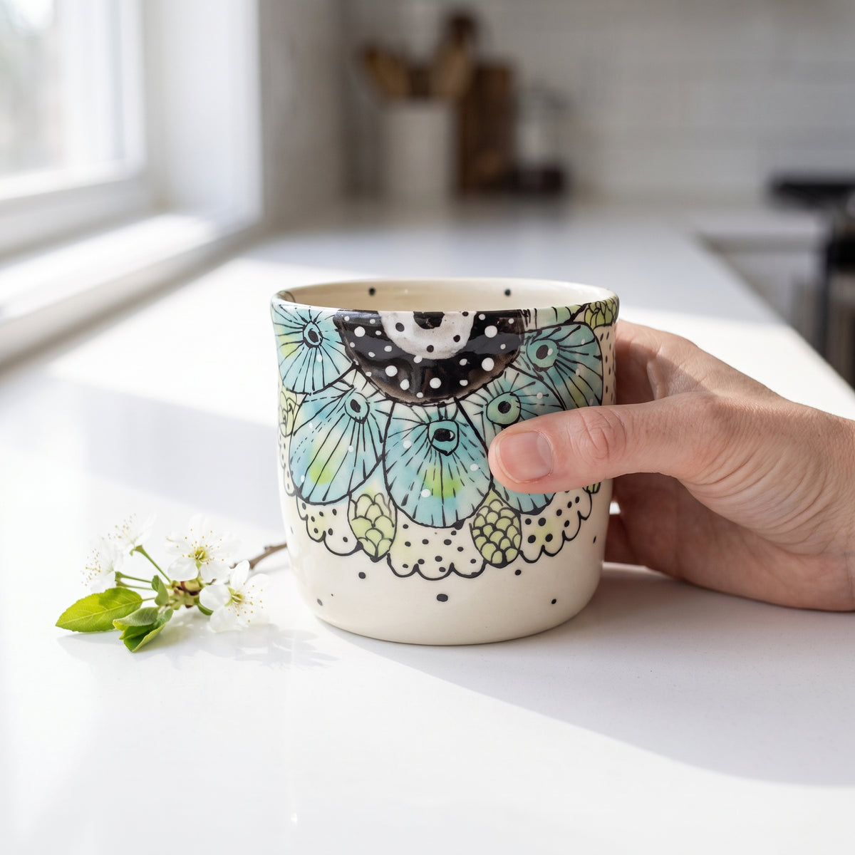 lifestyle: A NEW photorealistic photograph composed from scratch. The scene is a sunlit, minimalist kitchen counter with soft, diffused natural daylight streaming in from a window on the left. The counter surface is a clean, bright white or soft ivory. A subtle, soft shadow is cast by the product, adding depth without being harsh. The product sits slightly to the right of the frame's center, held gently by a woman's hand, conveying a sense of calm and everyday joy. To the left of the product, a small, fres…