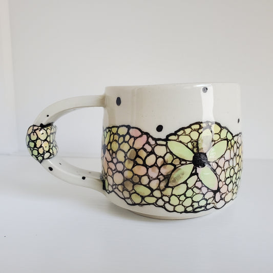 Handmade Ceramic Coffee Mug – Stained Glass Bubble Design in Green & Pink – Everyday Light Collection