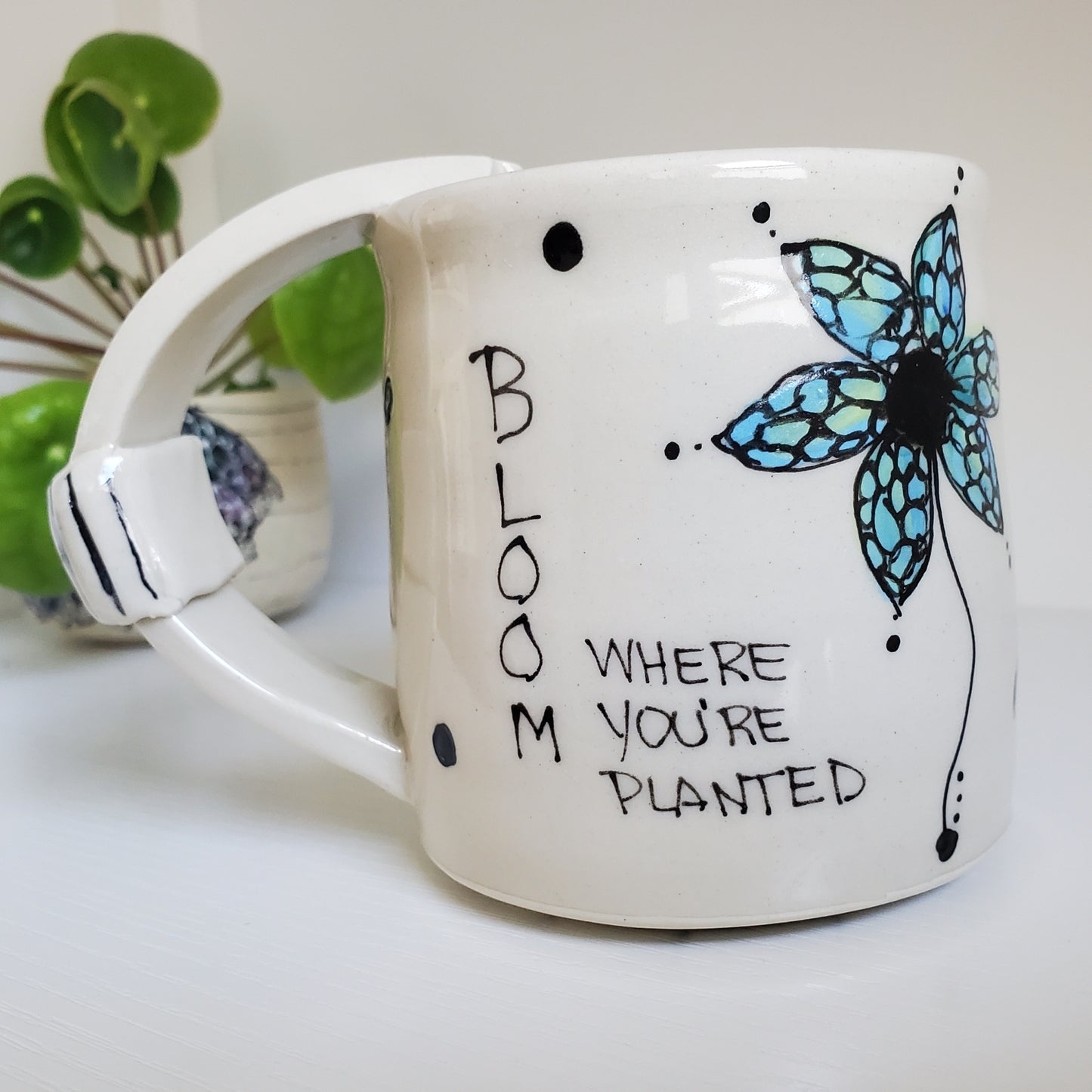 Handmade Ceramic Tea Mug – “Bloom Where You’re Planted” with Blue Flowers – Everyday Light Collection