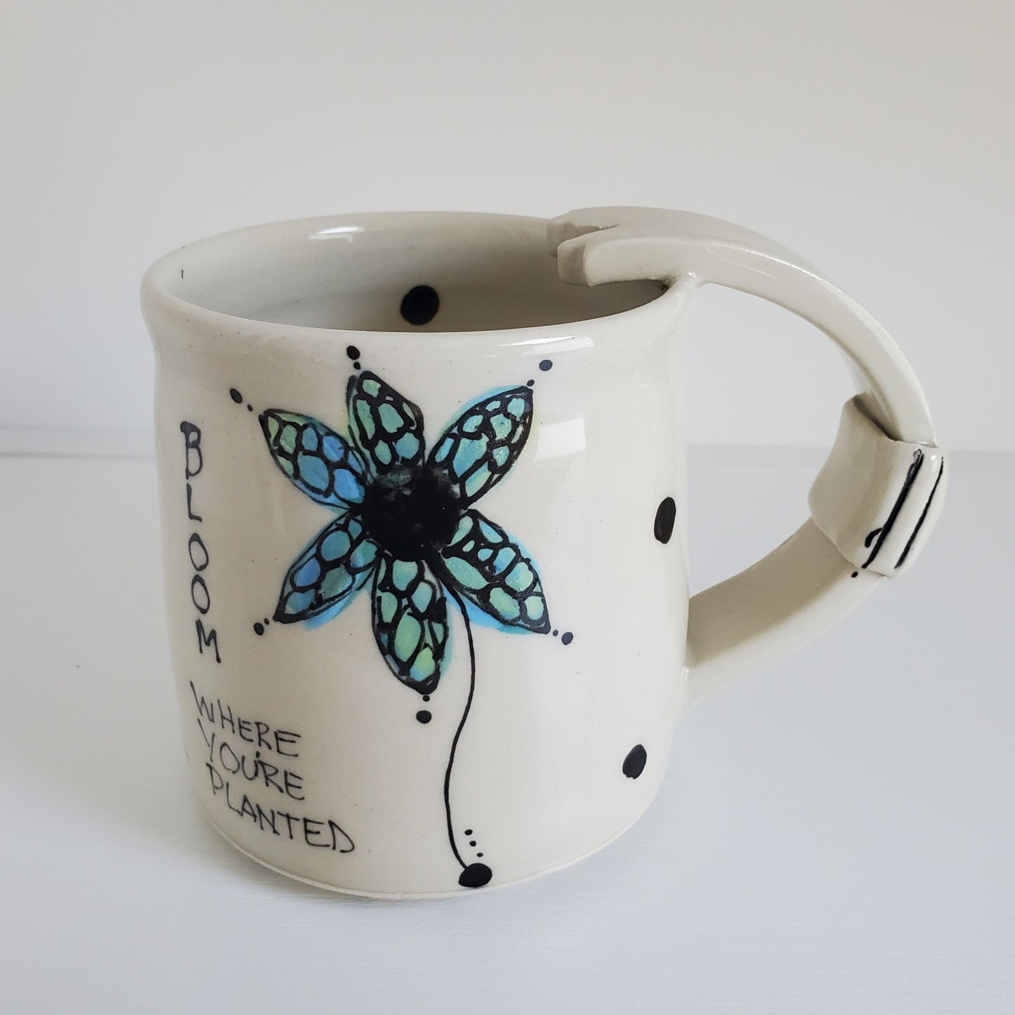 Handmade Ceramic Tea Mug – “Bloom Where You’re Planted” with Blue Flowers – Everyday Light Collection