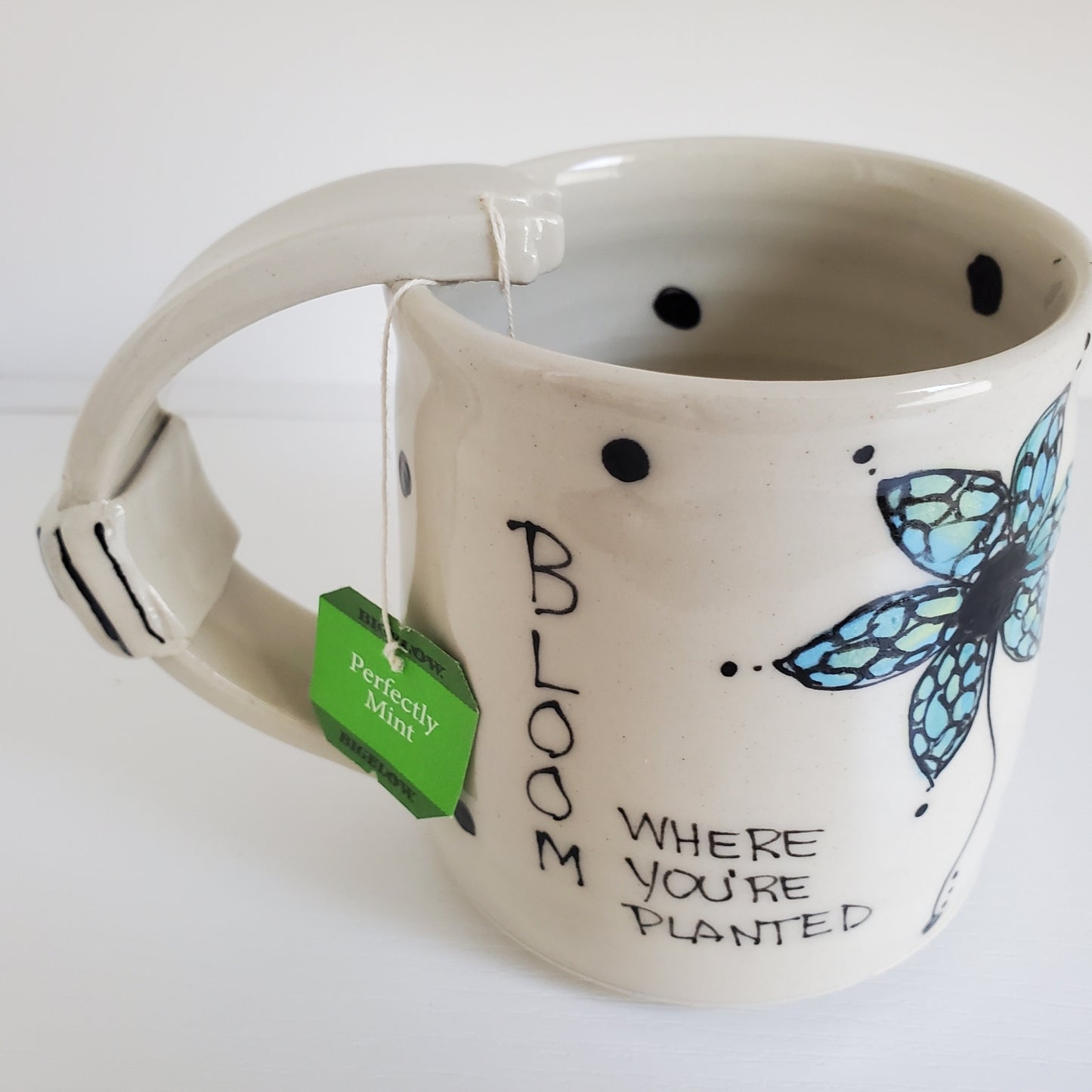 Handmade Ceramic Tea Mug – “Bloom Where You’re Planted” with Blue Flowers – Everyday Light Collection