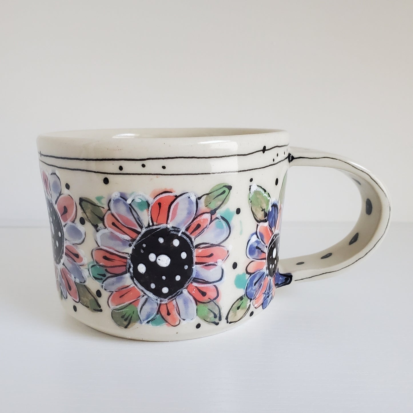 Handmade Ceramic Coffee Mug – Pink & Periwinkle Flower – Everyday Light Collection