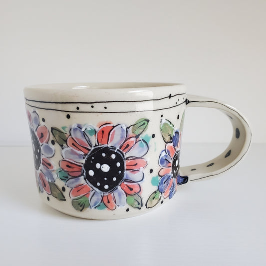 Handmade Ceramic Coffee Mug – Pink & Periwinkle Flower – Everyday Light Collection