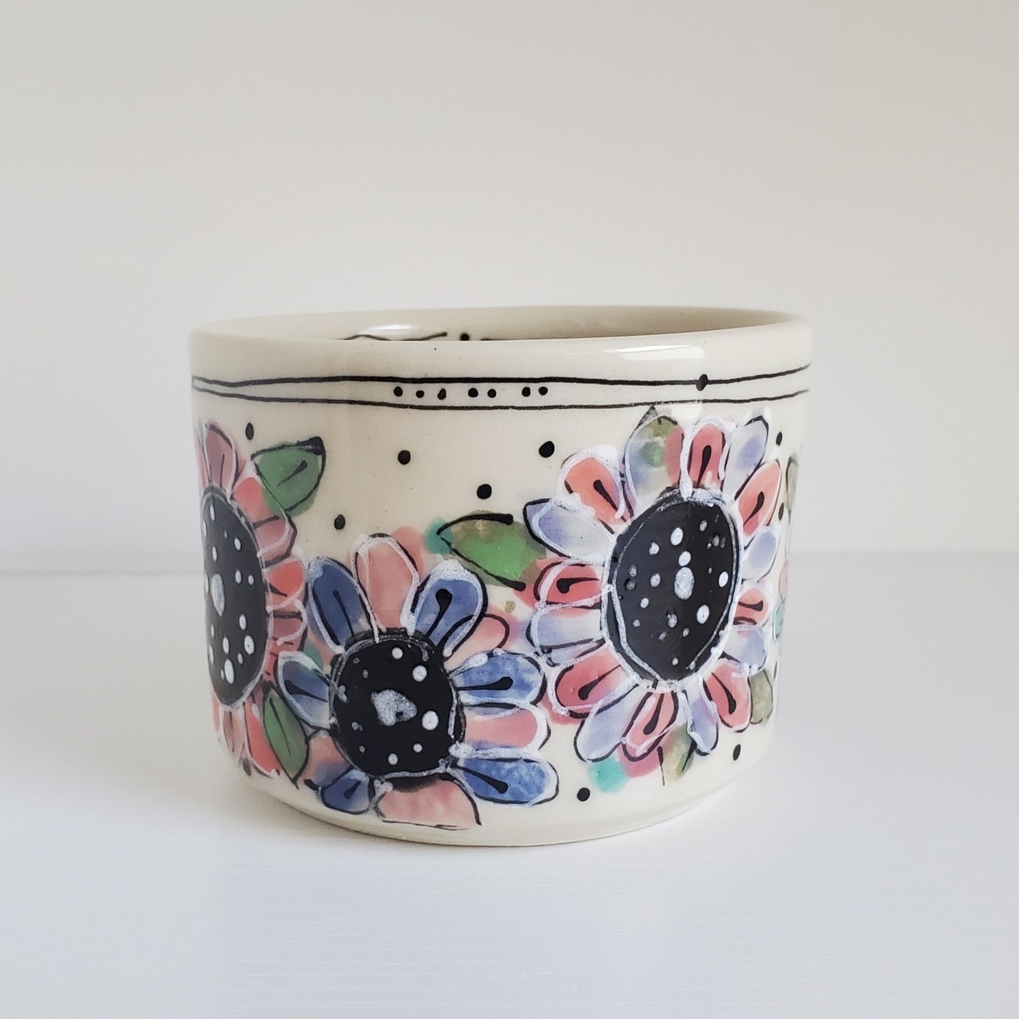 Handmade Ceramic Coffee Mug – Pink & Periwinkle Flower – Everyday Light Collection