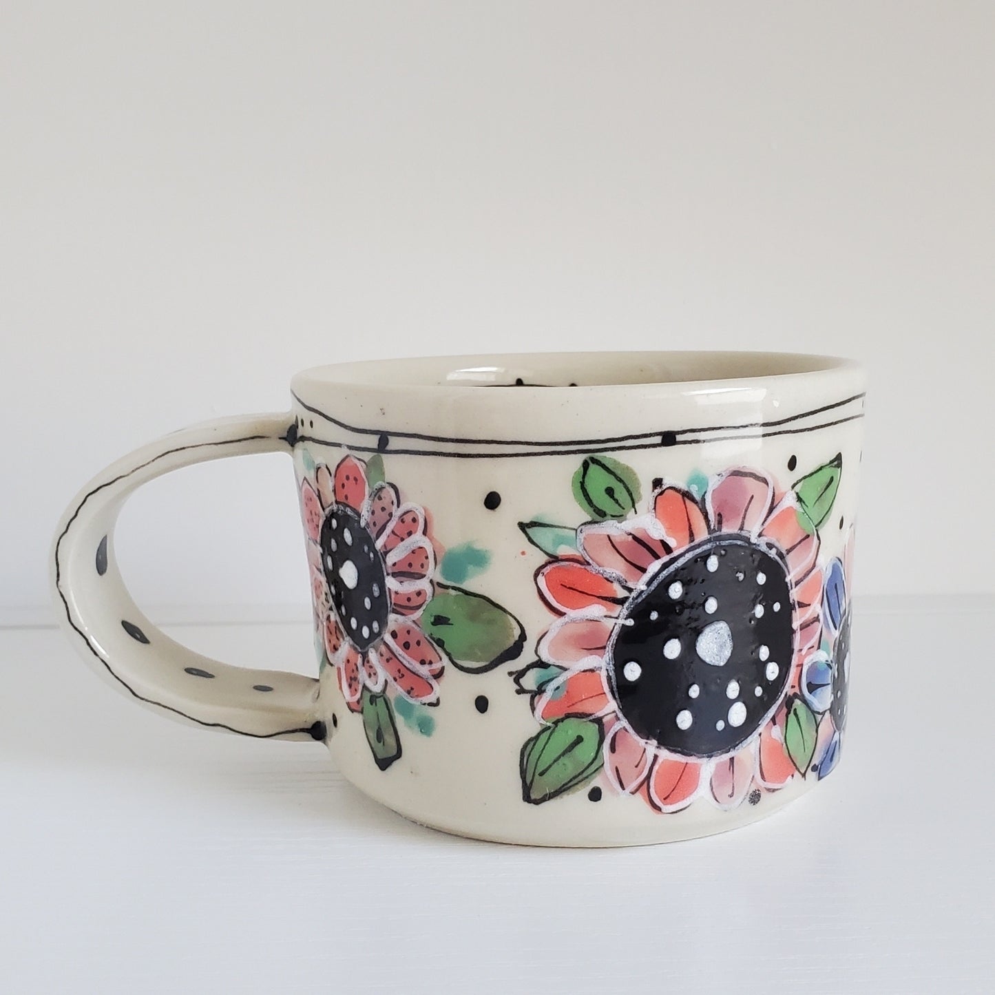 Handmade Ceramic Coffee Mug – Pink & Periwinkle Flower – Everyday Light Collection