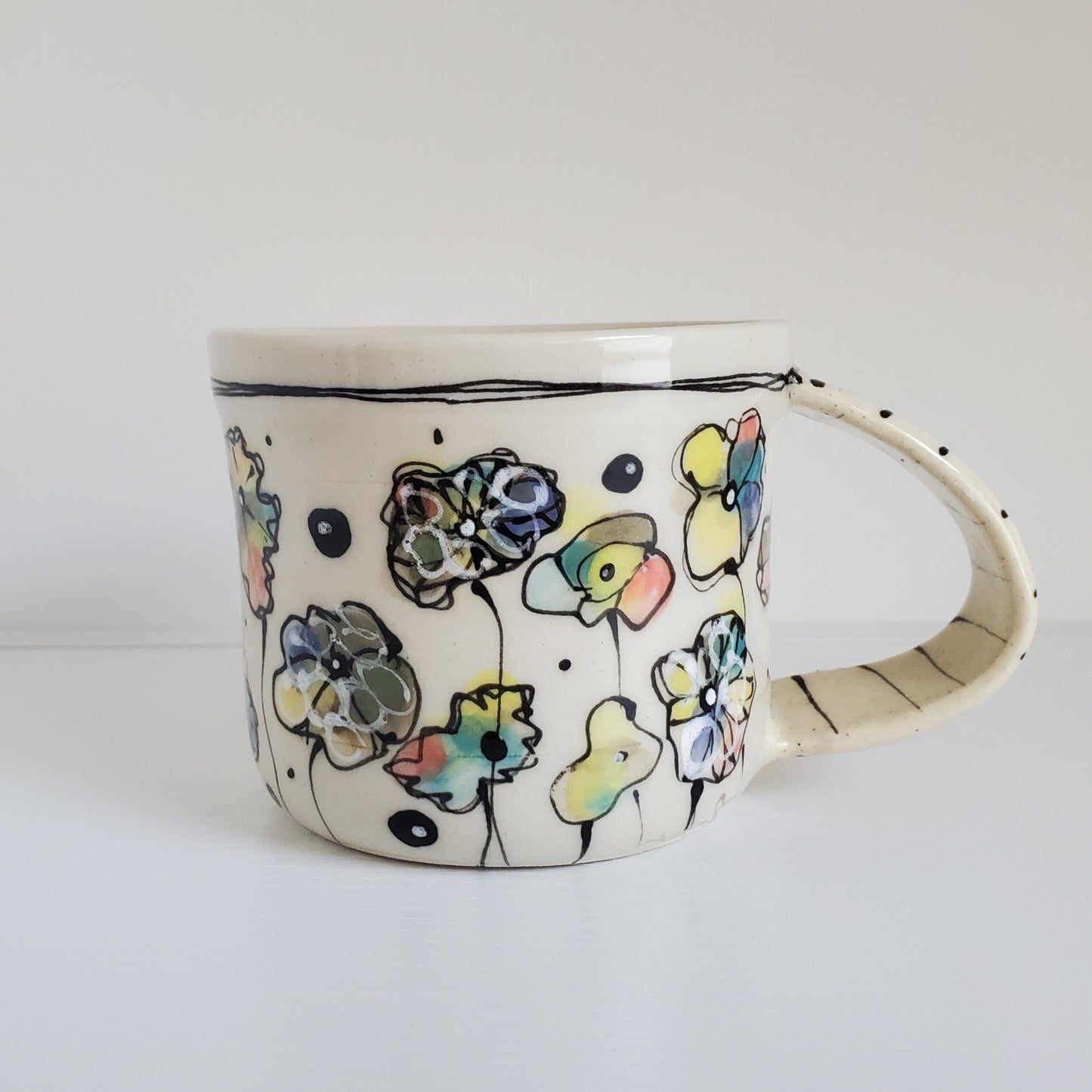 Handmade Ceramic Coffee Mug – Abstract Multi-Colored Flowers – Everyday Light Collection