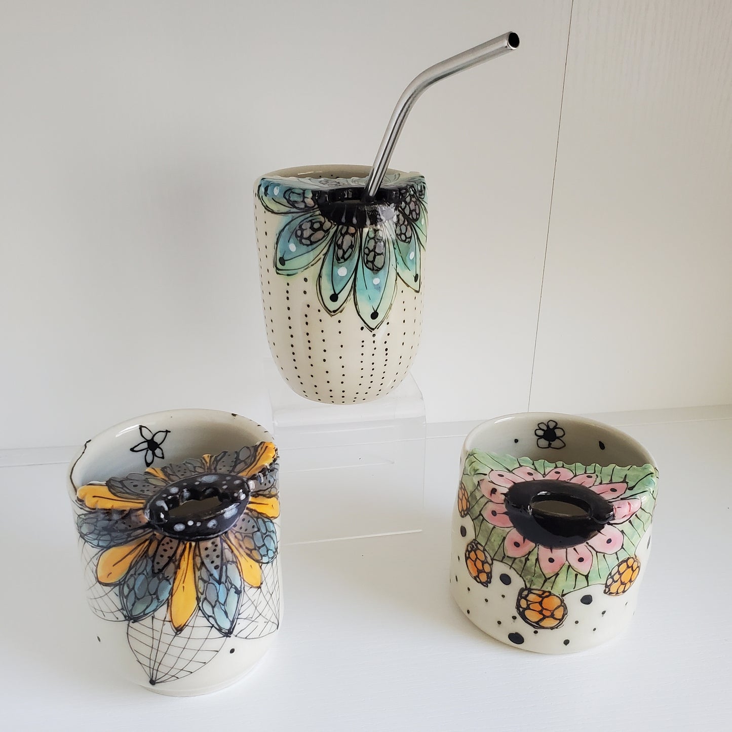 Handmade Ceramic Travel Sippy Cup – Boho Purple & Orange Flower with Metal Straw