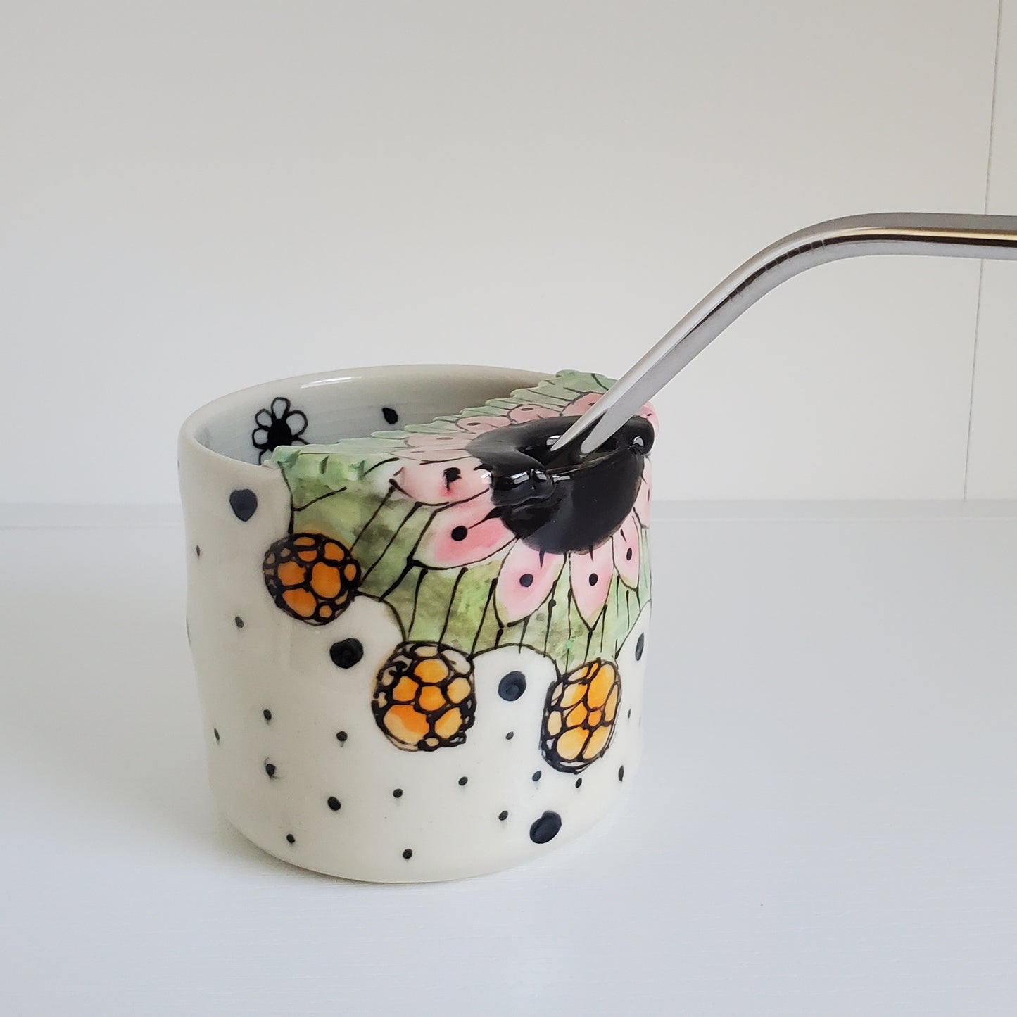 Handmade Ceramic- Travel Sippy Cup – Bohemian Design with Metal Straw