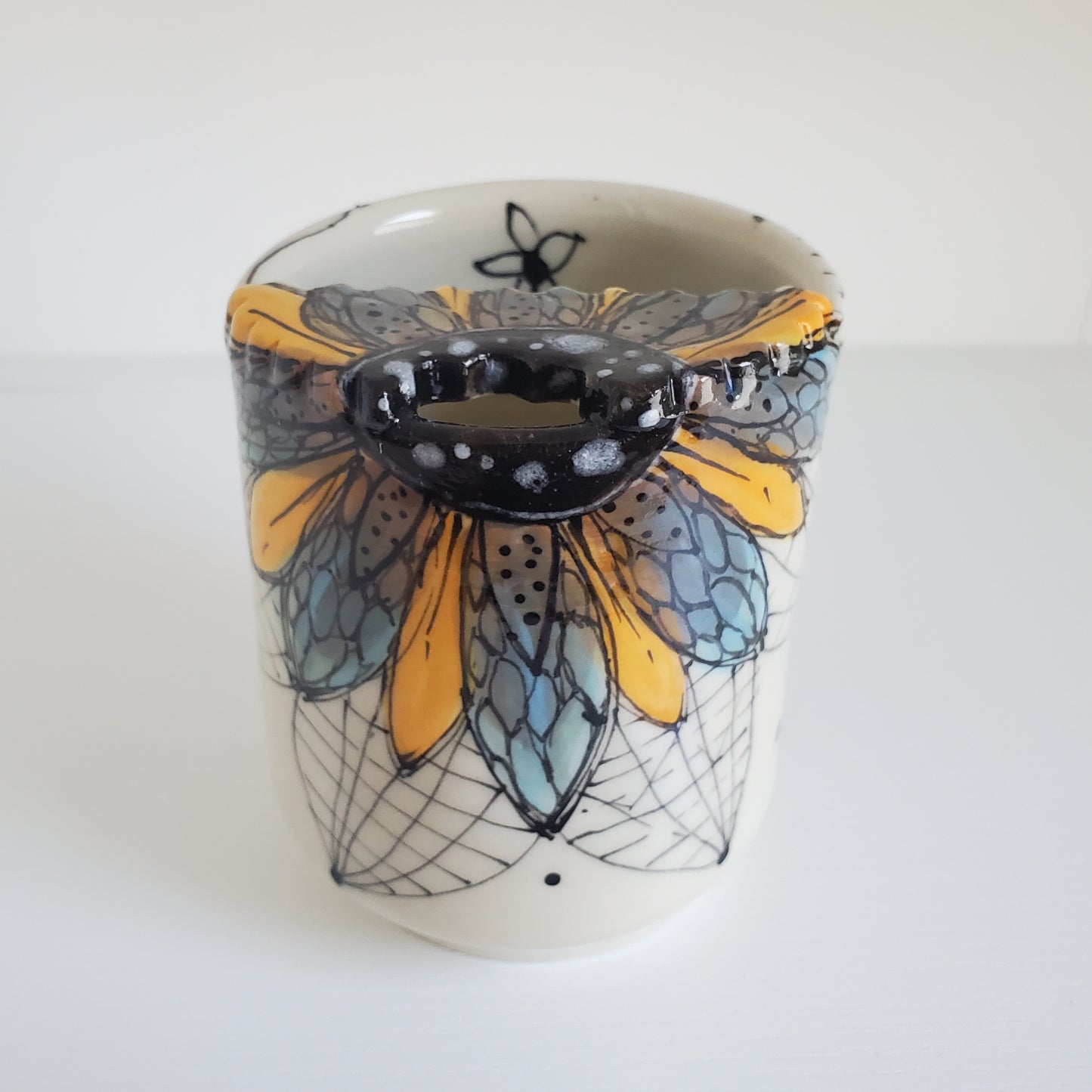Handmade Ceramic Travel Sippy Cup – Boho Purple & Orange Flower with Metal Straw