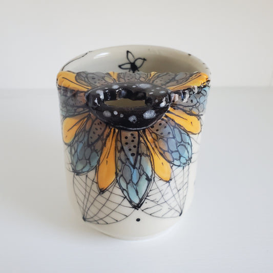 Handmade Ceramic Travel Sippy Cup – Boho Purple & Orange Flower with Metal Straw