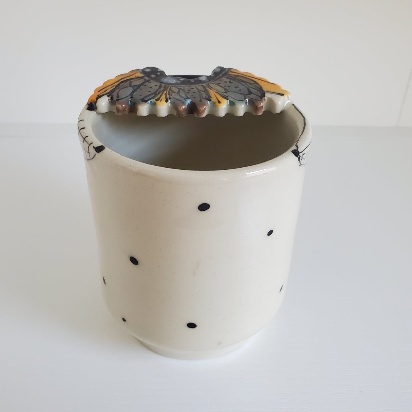 Handmade Ceramic Travel Sippy Cup – Boho Purple & Orange Flower with Metal Straw