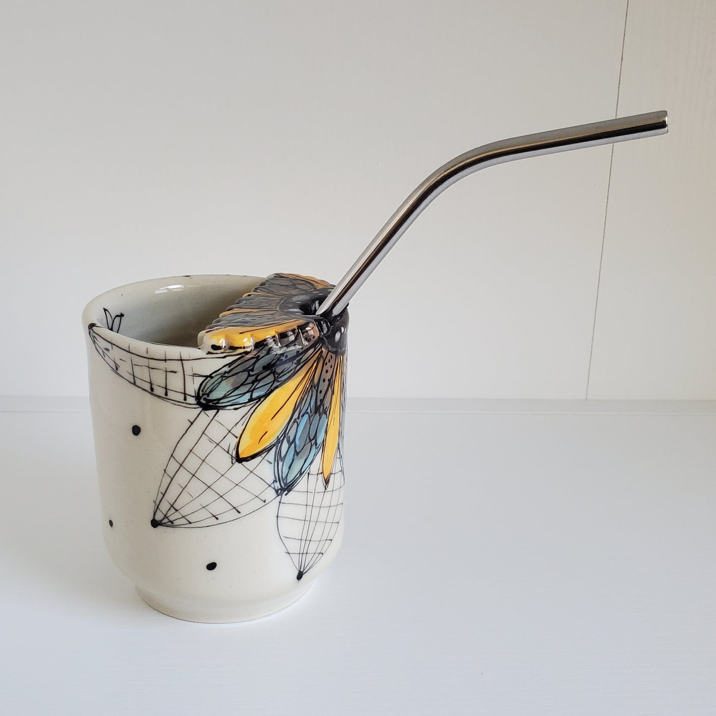 Handmade Ceramic Travel Sippy Cup – Boho Purple & Orange Flower with Metal Straw