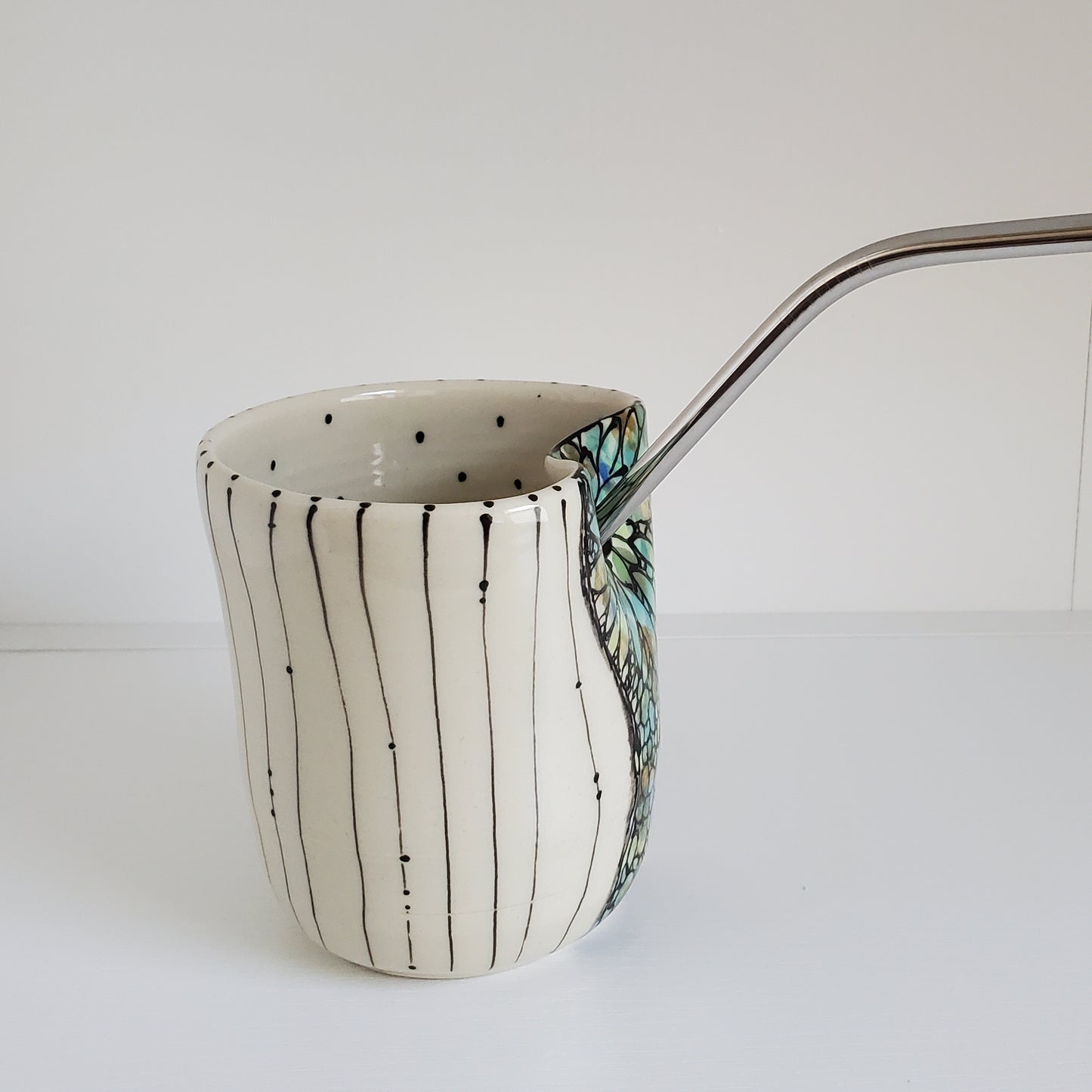 Handmade Ceramic Straw Sip Cup – Green Tree Design w/ Metal Straw