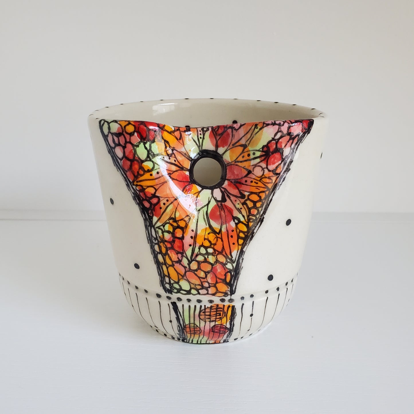 Handmade Ceramic Straw Sip Cup – Abstract Red-Orange Bubble Design with Metal Straw