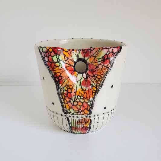 Handmade Ceramic Straw Sip Cup – Abstract Red-Orange Bubble Design with Metal Straw