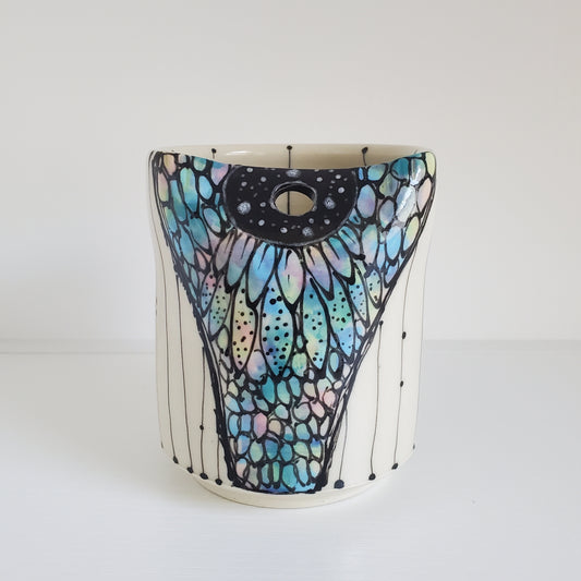 Handmade Ceramic Straw Sip Cup – Blue Design with Metal Straw