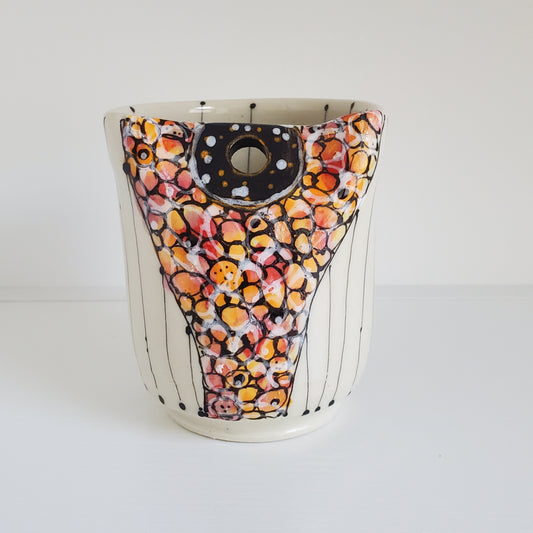 Handmade Ceramic Straw Sip Cup – Abstract Orange Bubble Design with Metal Straw