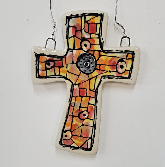 Everyday Joy Cross — Red & Orange Cathedral | Hand-Painted Porcelain Wall Cross, Christian Gift
