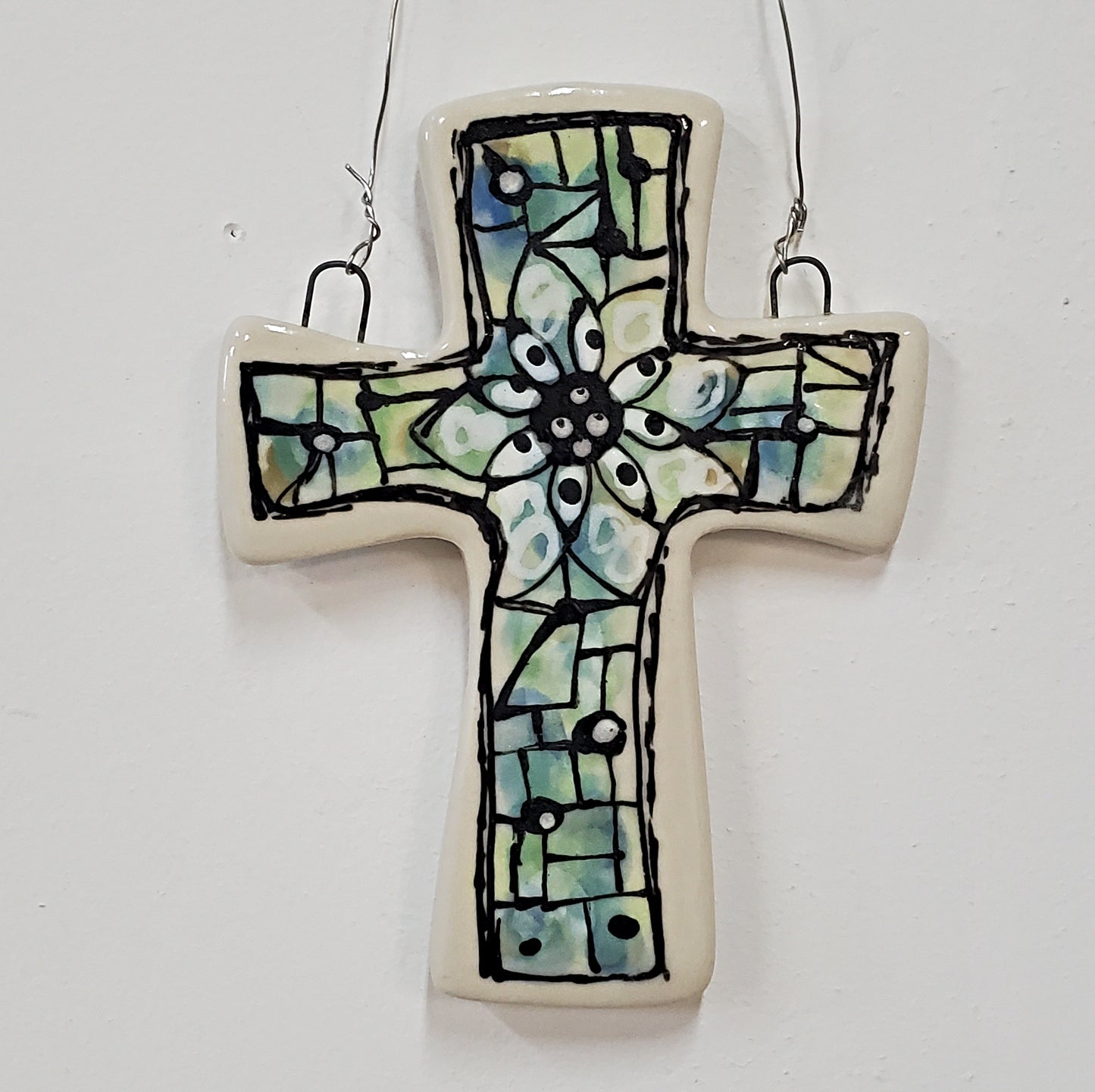 Everyday Joy Cross — Blue Green Cathedral | Hand-Painted Porcelain Wall Cross, Christian Gift