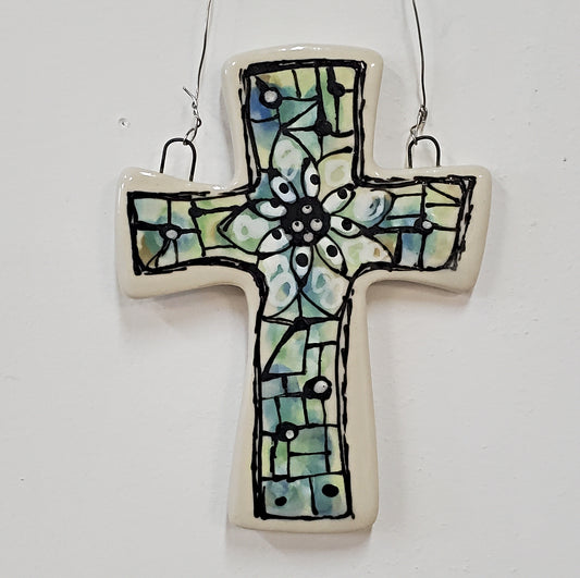 Everyday Joy Cross — Blue Green Cathedral | Hand-Painted Porcelain Wall Cross, Christian Gift