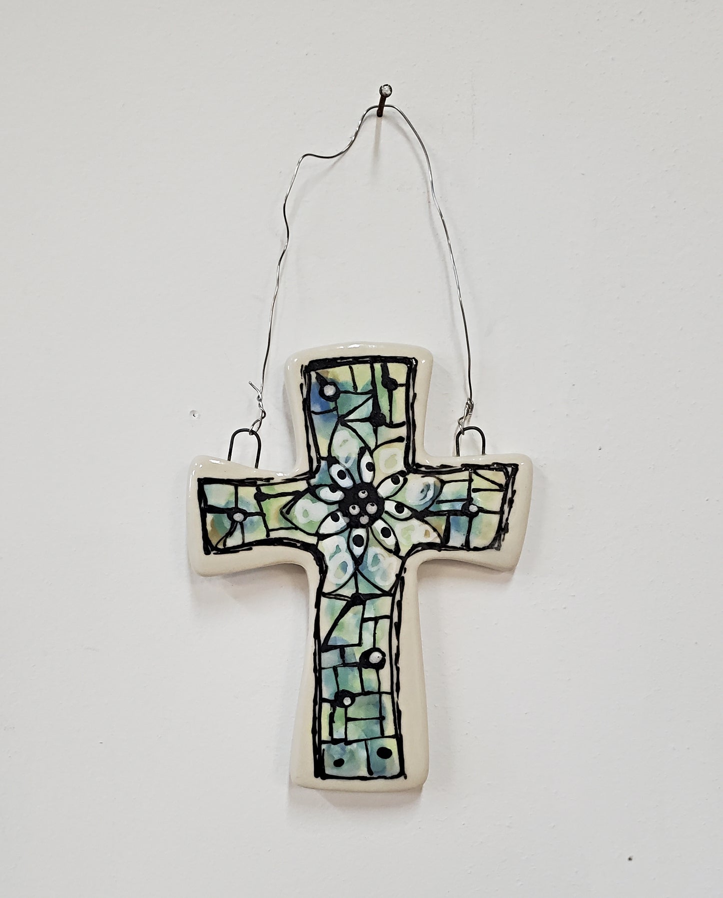 Everyday Joy Cross — Blue Green Cathedral | Hand-Painted Porcelain Wall Cross, Christian Gift