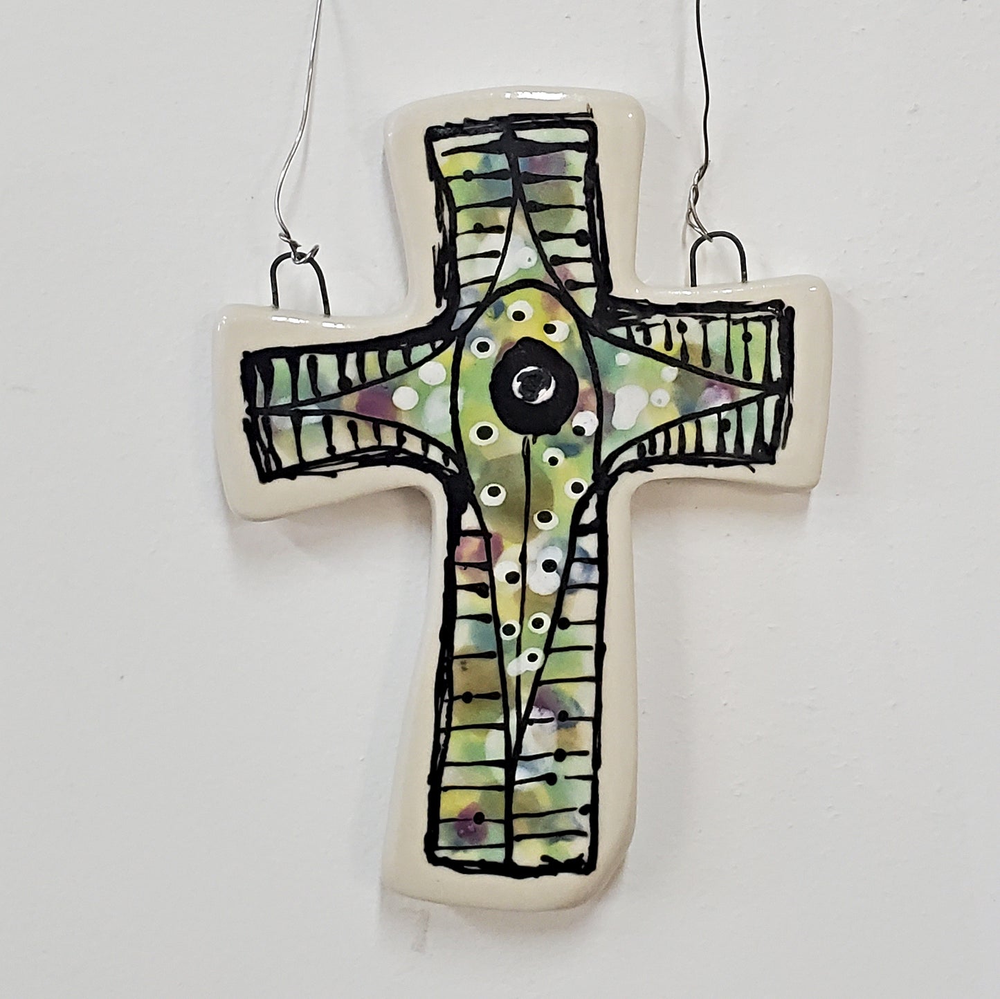 Everyday Joy Cross — Green Lined Cathedral | Hand-Painted Porcelain Wall Cross, Christian Gift