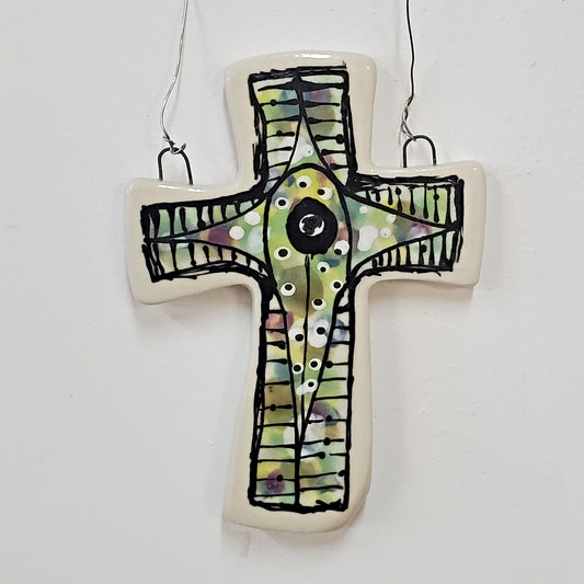 Everyday Joy Cross — Green Lined Cathedral | Hand-Painted Porcelain Wall Cross, Christian Gift