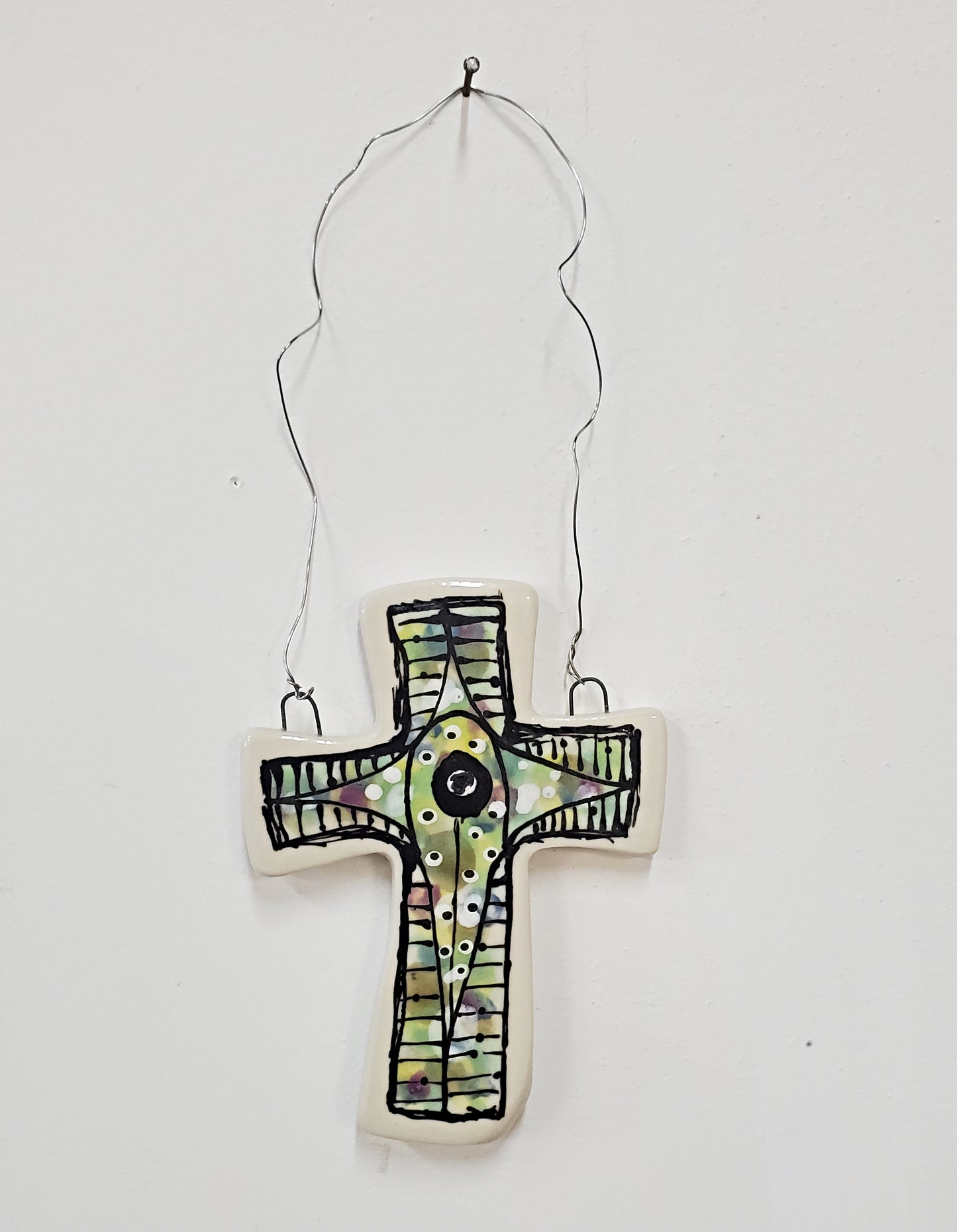 Everyday Joy Cross — Green Lined Cathedral | Hand-Painted Porcelain Wall Cross, Christian Gift