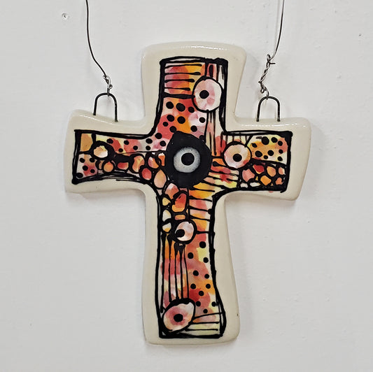 Everyday Joy Cross — Red Abstract Cathedral | Hand-Painted Porcelain Wall Cross, Christian Gift
