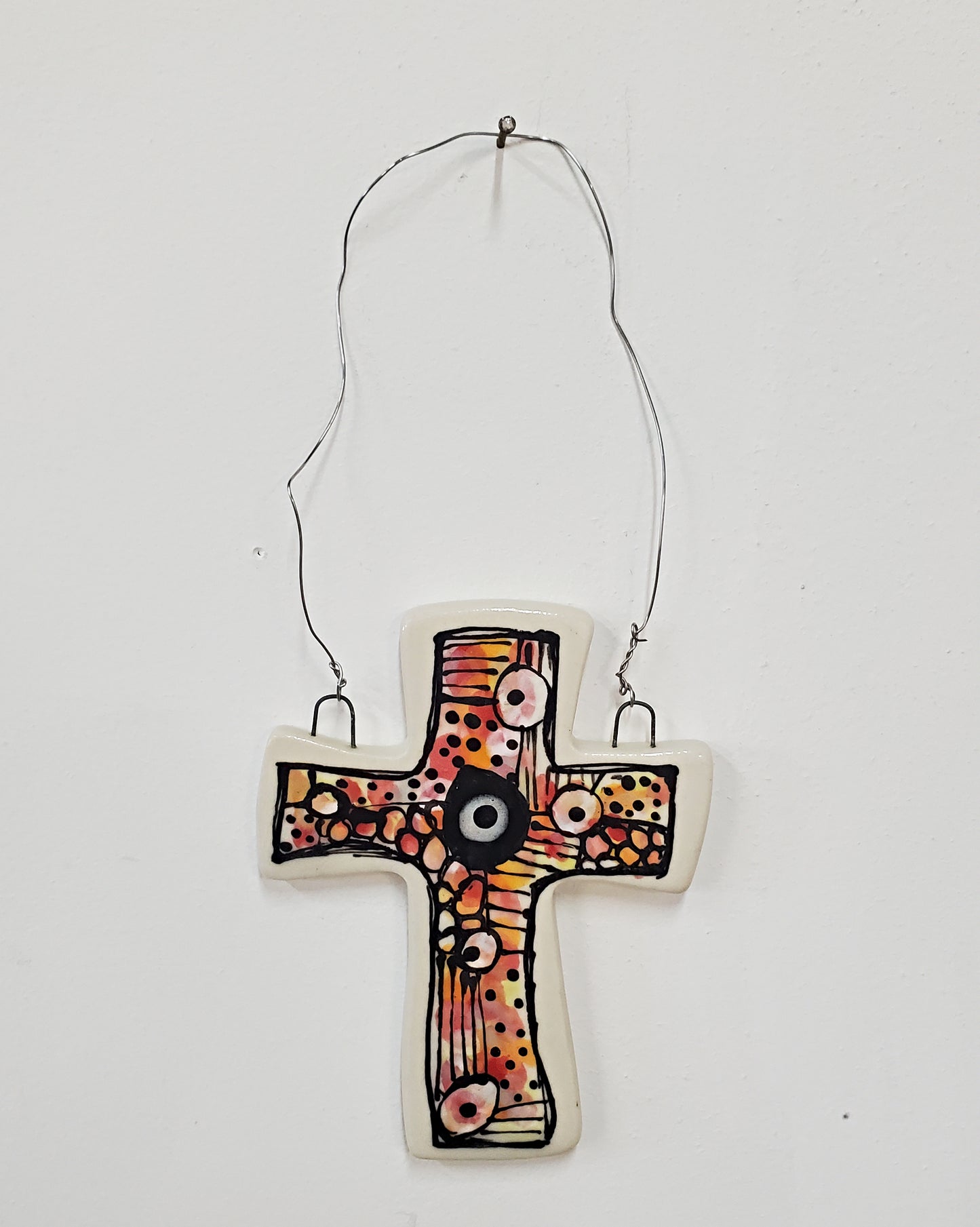 Everyday Joy Cross — Red Abstract Cathedral | Hand-Painted Porcelain Wall Cross, Christian Gift