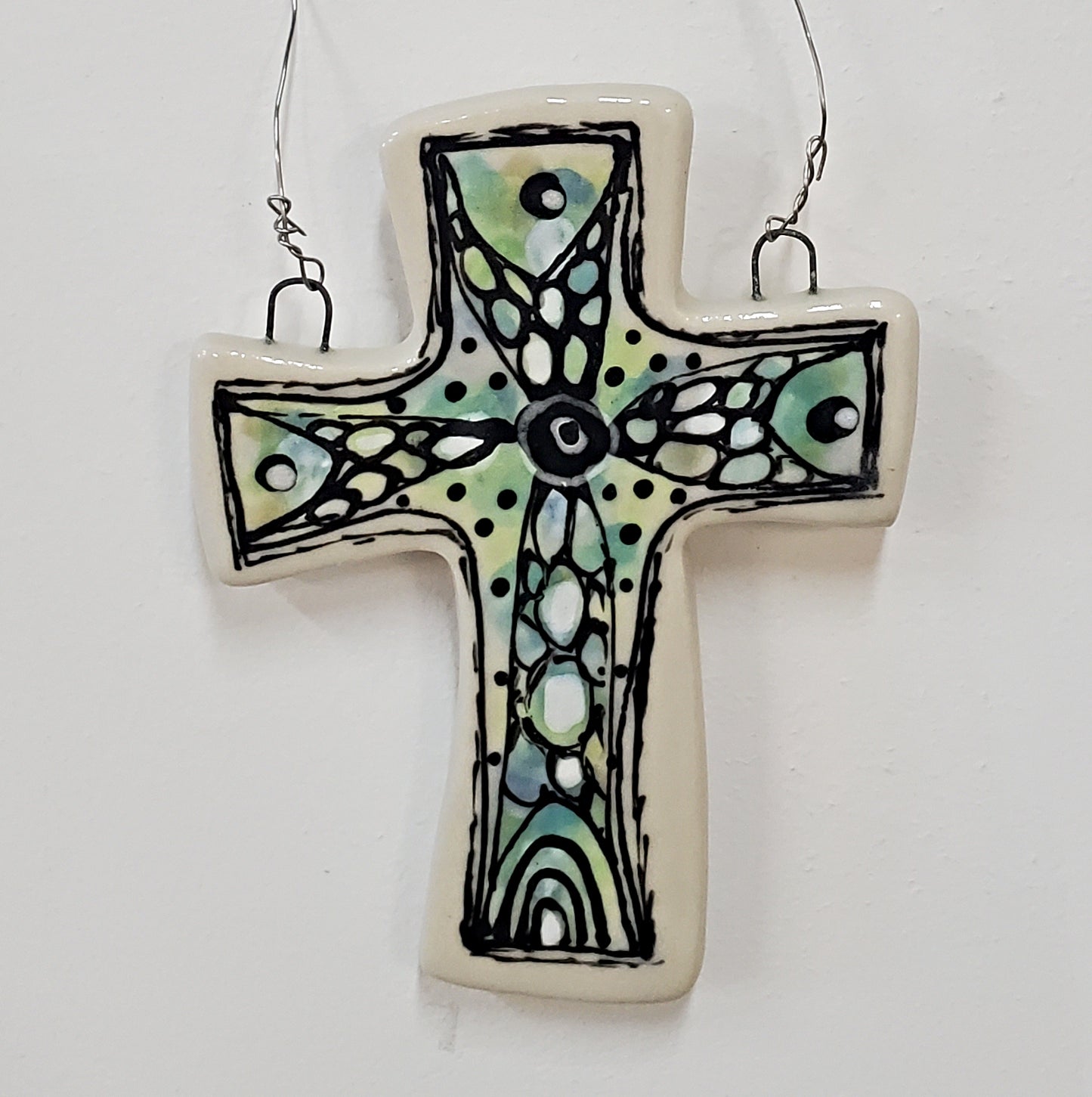Everyday Joy Cross — Green Bubbles Cathedral | Hand-Painted Porcelain Wall Cross, Christian Gift