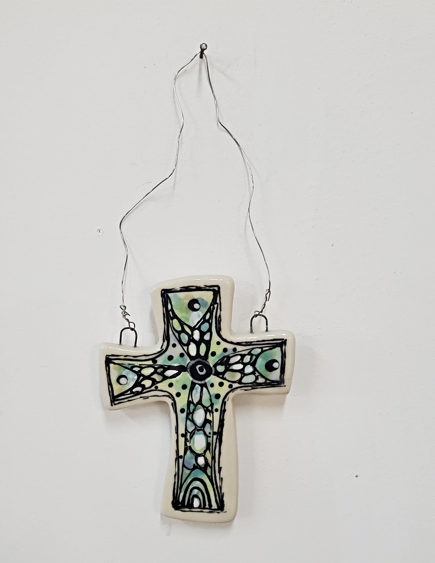 Everyday Joy Cross — Green Bubbles Cathedral | Hand-Painted Porcelain Wall Cross, Christian Gift