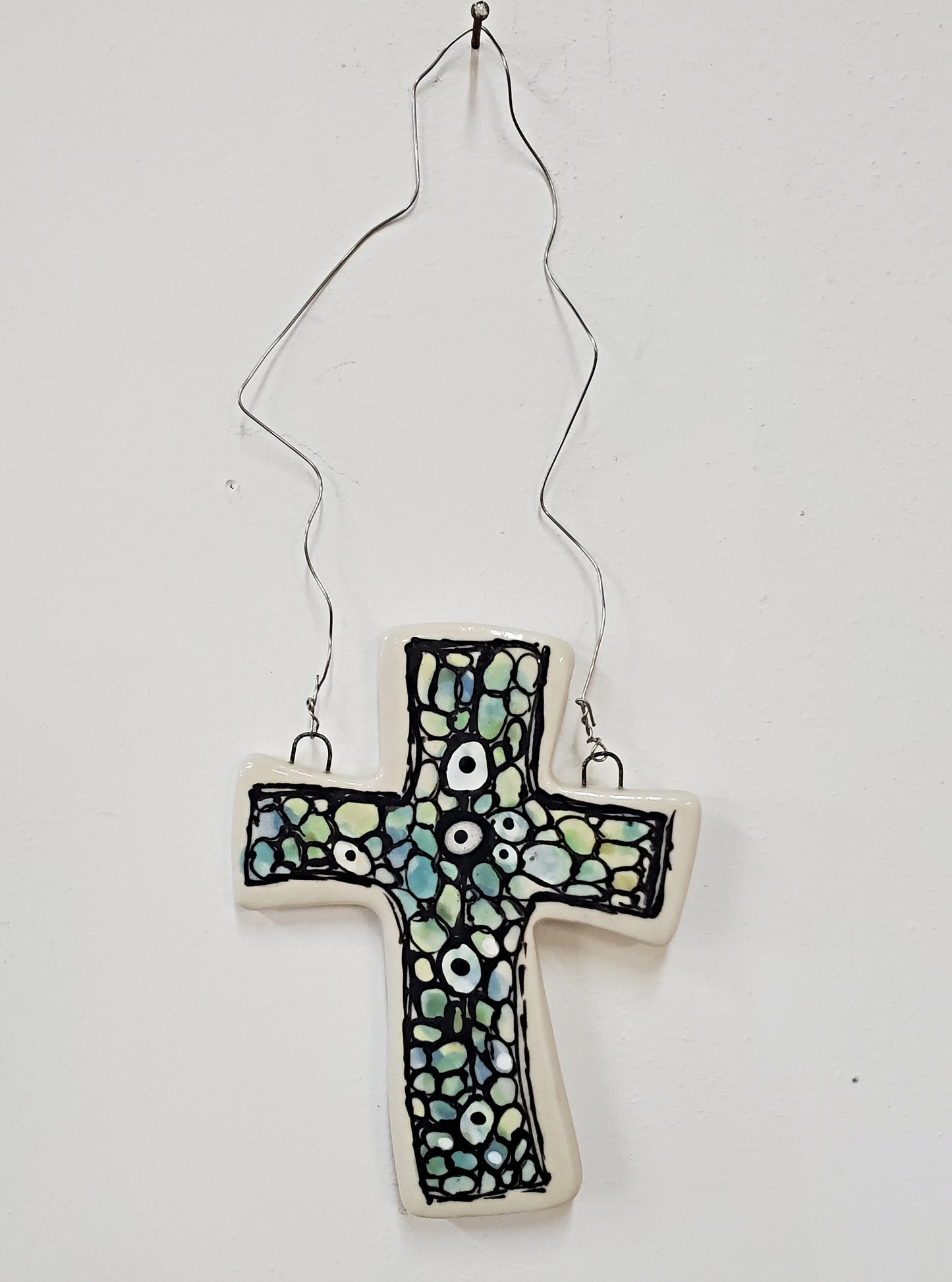 Everyday Joy Cross — Blue Bubbles Cathedral | Hand-Painted Porcelain Wall Cross, Christian Gift