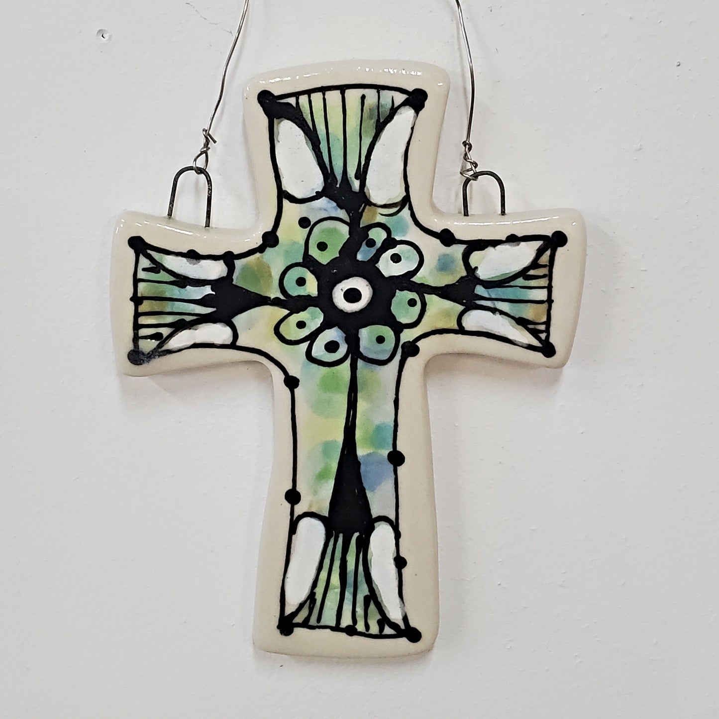 Everyday Joy Cross — Green Deco Cathedral | Hand-Painted Porcelain Wall Cross, Christian