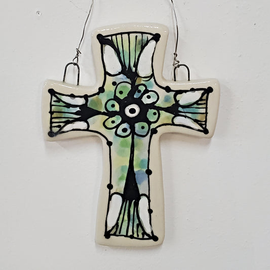 Everyday Joy Cross — Green Deco Cathedral | Hand-Painted Porcelain Wall Cross, Christian