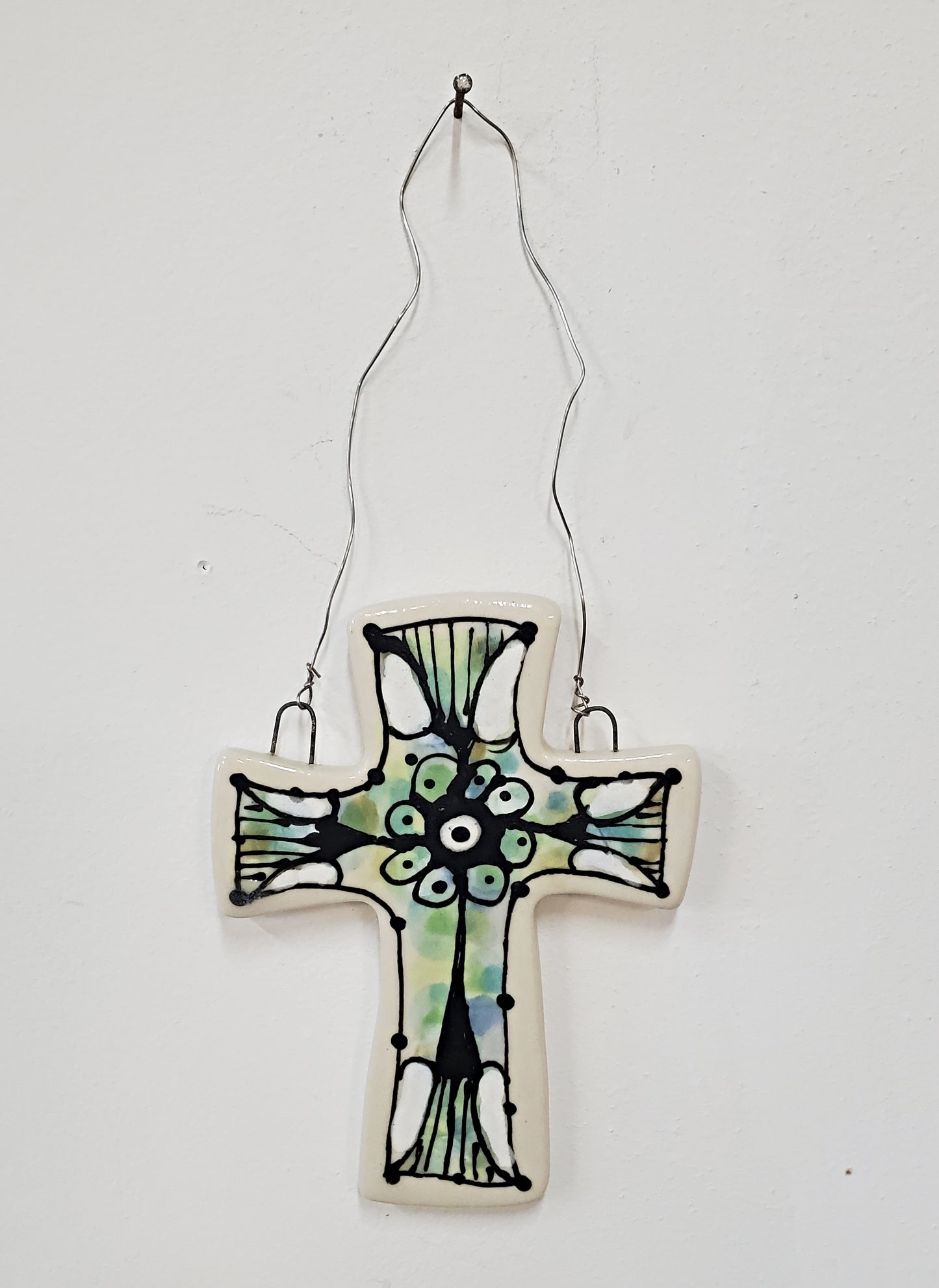 Everyday Joy Cross — Green Deco Cathedral | Hand-Painted Porcelain Wall Cross, Christian