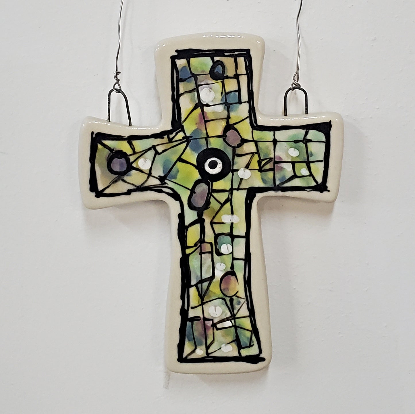 Everyday Joy Cross — Green Mosaic Cathedral | Hand-Painted Porcelain Wall Cross, Christian Gift