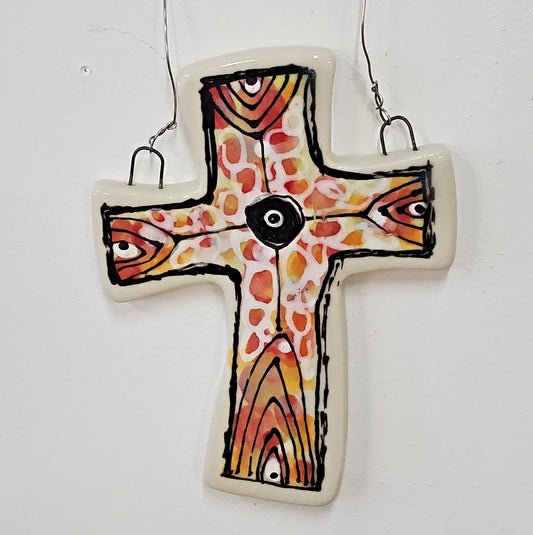 Everyday Joy Cross — Orange Deco Cathedral | Hand-Painted Porcelain Wall Cross, Christian Gift