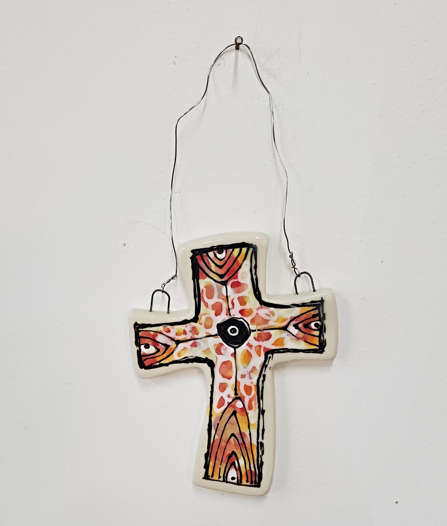 Everyday Joy Cross — Orange Deco Cathedral | Hand-Painted Porcelain Wall Cross, Christian Gift