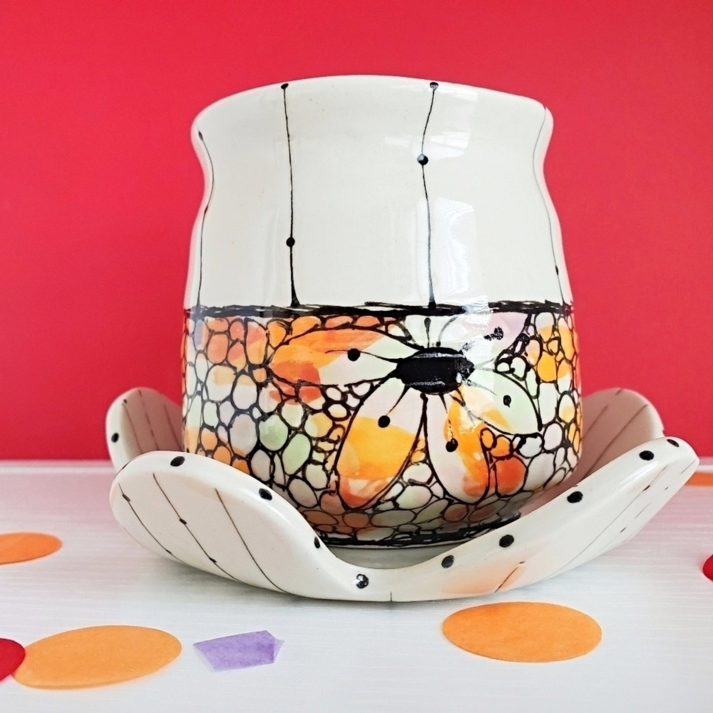 Handmade Cup & Saucer Set - Mosaic Flower in Orange & Peach