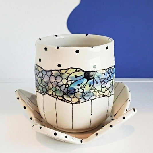 Handmade Cup & Saucer Set - Stained Glass Mosaic Design Calming Blue