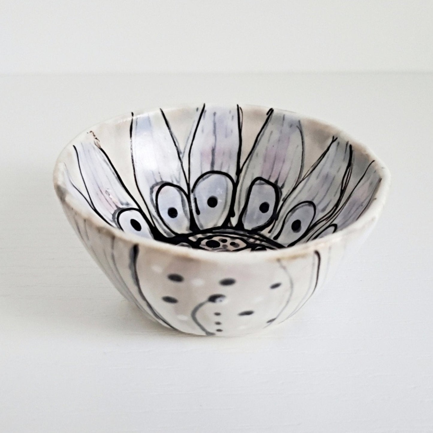 Handmade Ceramic Ring Dish - Flower Design on Satin White - Studio 2nds